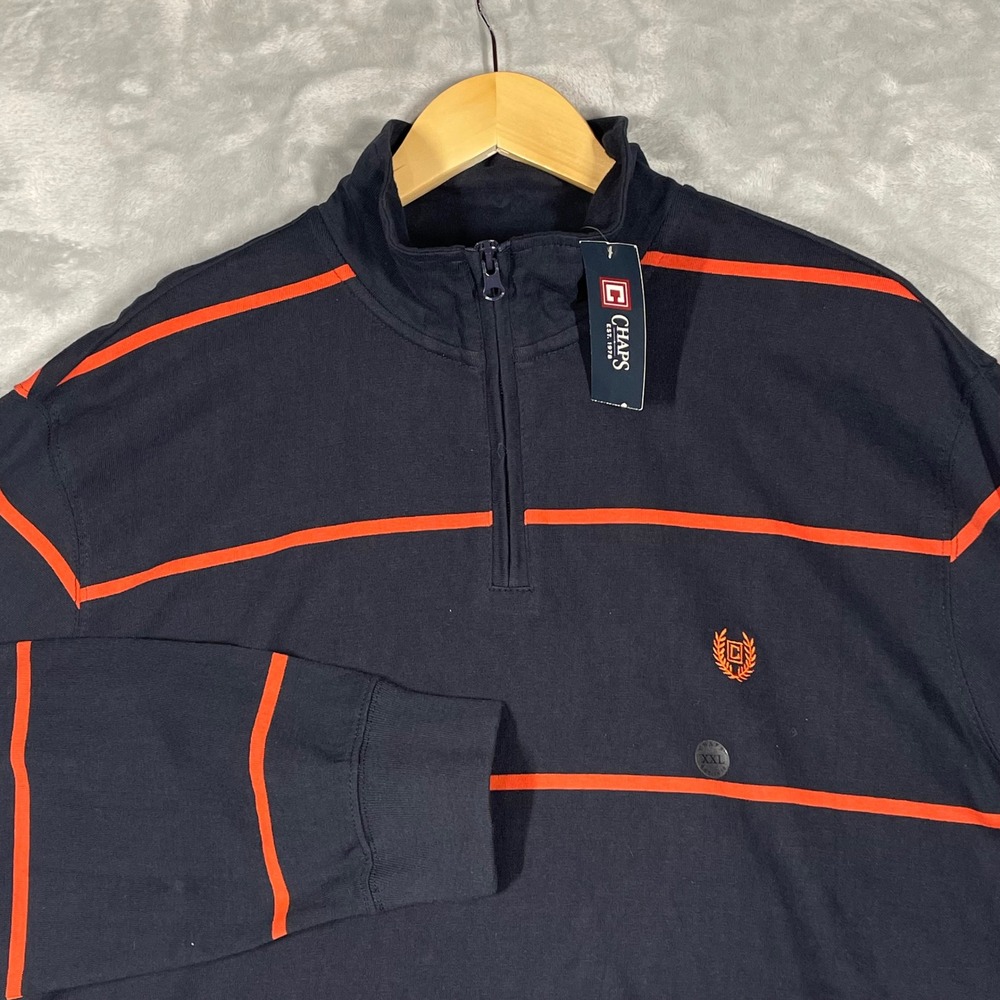 Chaps Mens XXL Quarter Zip Pullover Navy Blue Orange Striped Cotton 13202R NEW